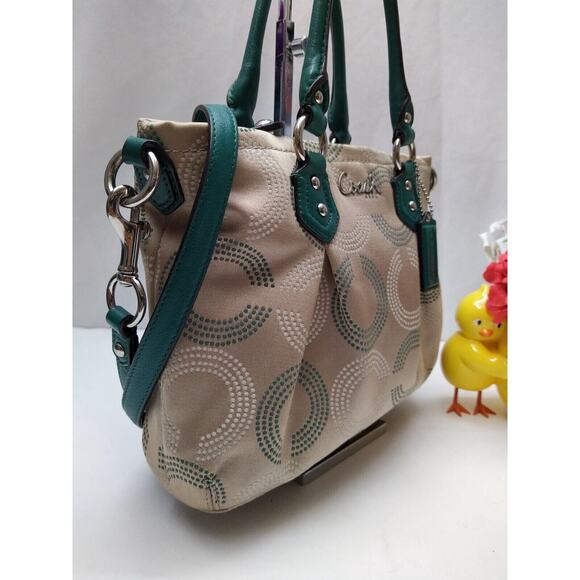 Coach Signature Brown Canvas Teal Leather Trim Zipper Satchel Crossbody Bag - Picture 3 of 14